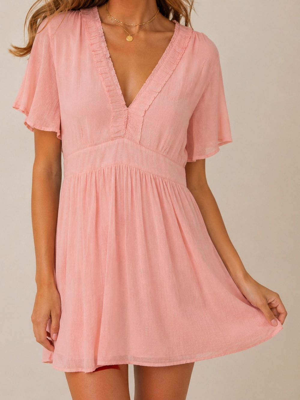 Entro Enchanting Light Pink Empire Waist Flutter Sleeve Babydoll Dress Sz Medium
